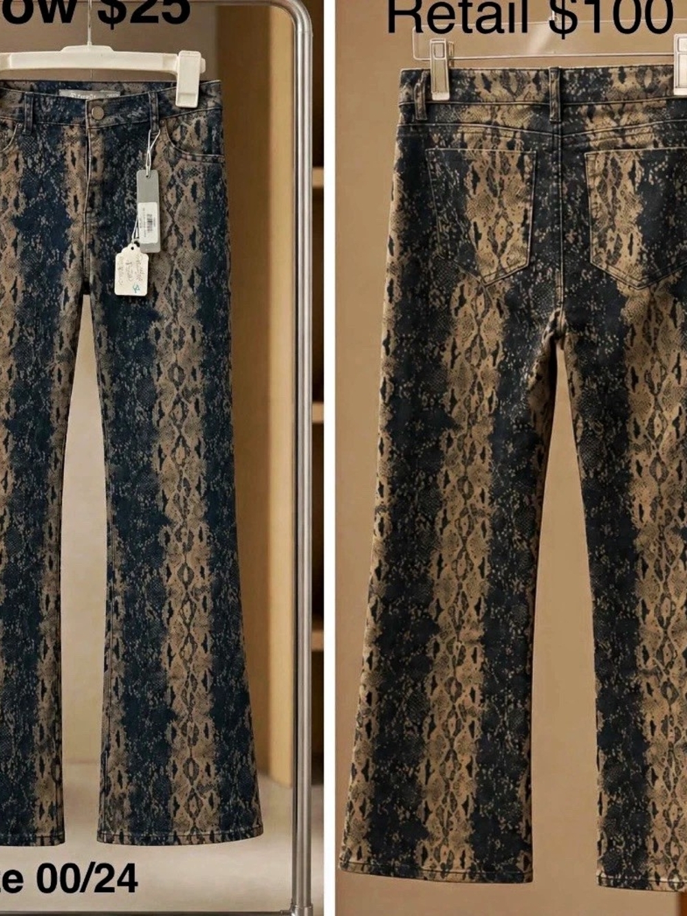Women’s Snake Animal Print Flared Denim Jeans Blue/Beige, Size 00/24